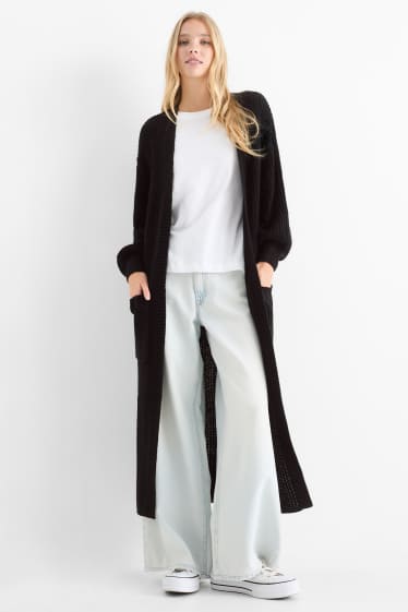 Femei - Cardigan tricotat lung - reiat - negru