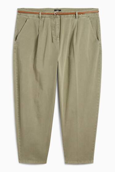 Femei - Pantaloni de stofă cu curea - talie înaltă - barrel leg - kaki