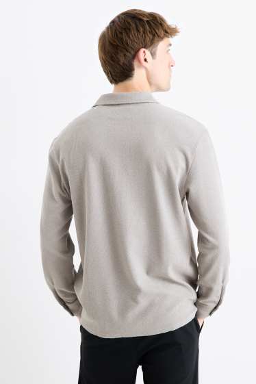 Men - Knitted shirt - loose fit - lapel collar - ribbed - gray