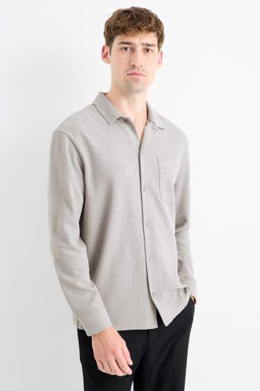 Men - Knitted shirt - loose fit - lapel collar - ribbed - gray