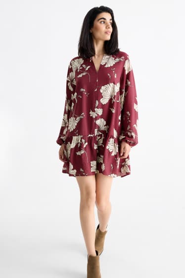 Femei - Rochie cu decolteu în V - cu flori - bordo