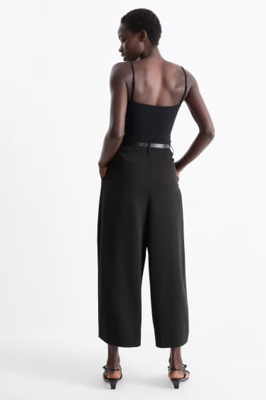 Femei - Pantaloni de stofă cu curea - talie înaltă - wide leg - negru