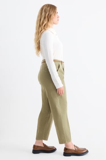 Women - Cloth trousers with belt - high waist - barrel leg - khaki