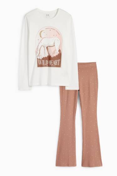 Copii - Fete - Cal - pijama - 2 piese - maro / alb-crem
