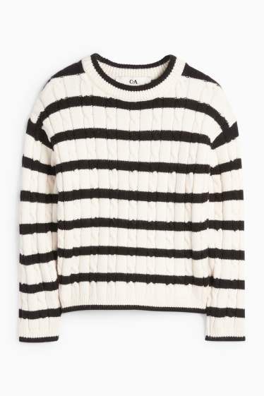 Children Girls - Jumper - striped - cable knit pattern - black / white