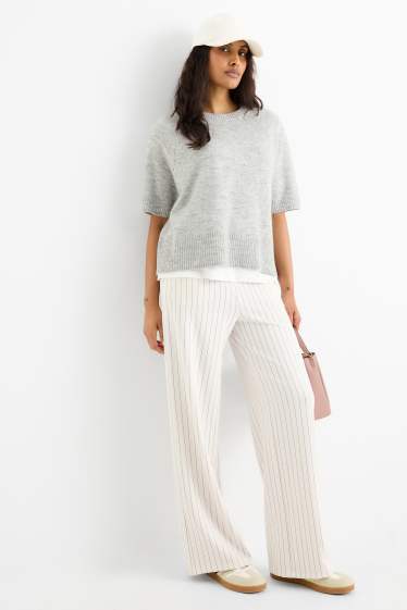 Femei - Pantaloni din jerseu - talie medie - straight fit - cu dungi - alb-crem