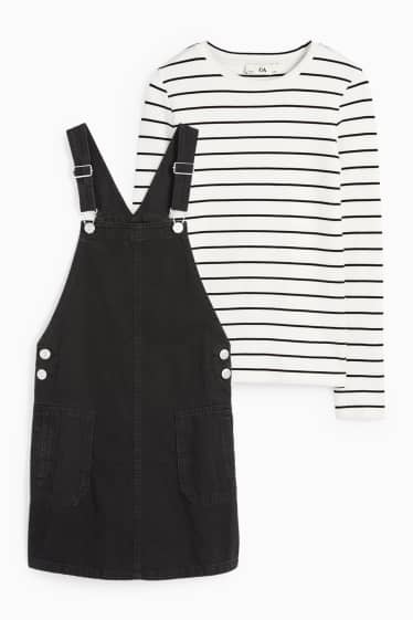Copii - Fete - Set - tricou cu mânecă lungă și rochie-salopetă din denim - 2 piese - negru / alb