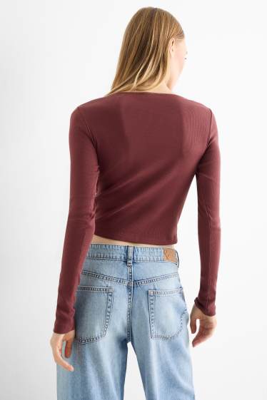Femei - Tricou crop cu mânecă lungă - reiat - bordo
