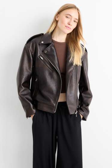 Women - Biker jacket - faux leather - dark brown
