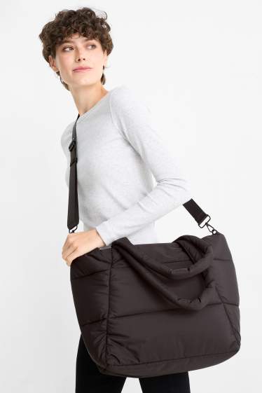 Femei - Geantă shopper matlasată, mare, cu curea detașabilă - negru