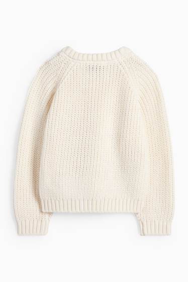 Copii - Fete - Iepure, fluture și floare - cardigan tricotat - reiat - alb-crem