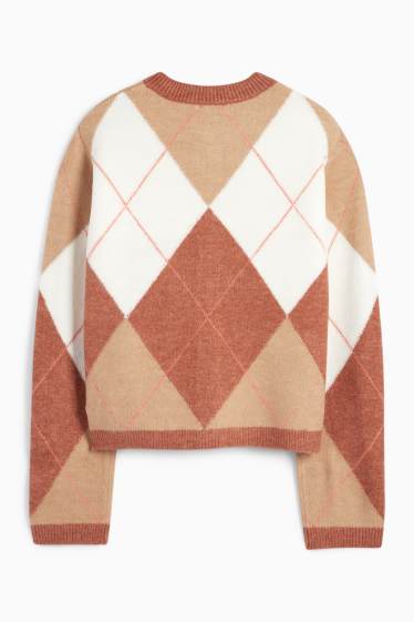 Dámské - Pletený kardigan - kostkovaný - béžová