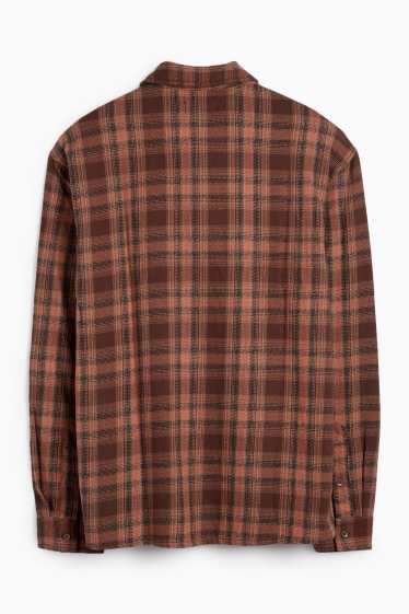 Bărbați - Cămașă din flanel - relaxed fit - guler Kent - în carouri - maro închis