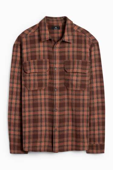 Bărbați - Cămașă din flanel - relaxed fit - guler Kent - în carouri - maro închis