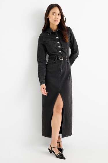 Femei - Rochie tip bluză din denim cu curea - denim-gri închis