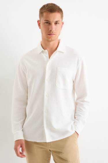 Men - Knitted shirt - loose fit - lapel collar - ribbed - cremewhite