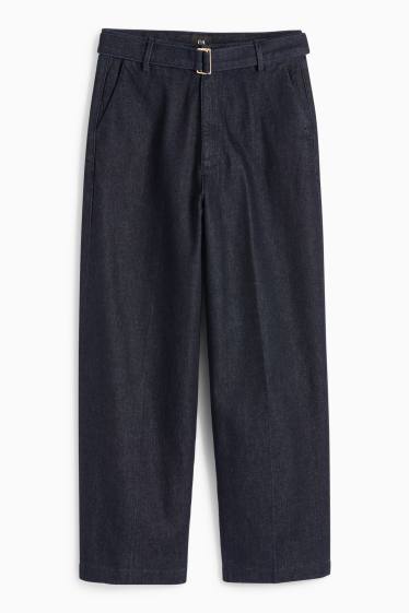 Femei - Barrel jeans cu curea - talie înaltă - denim-albastru închis