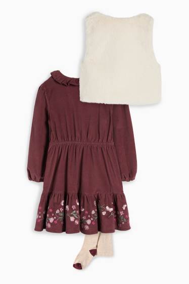 Copii - Fete - Floare - set - rochie din catifea reiată, vestă din blană artificială și dresuri - bordo