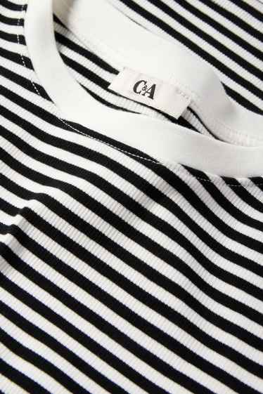 Dames - Korte longsleeve - geribd - met strepen - zwart / wit