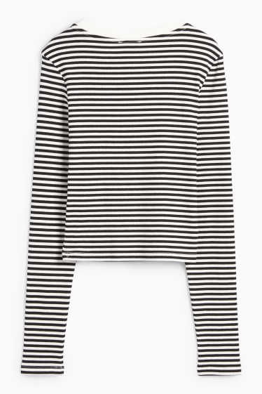Dames - Korte longsleeve - geribd - met strepen - zwart / wit