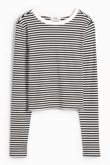 Dames - Korte longsleeve - geribd - met strepen - zwart / wit