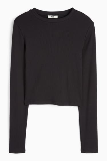 Femei - Tricou crop cu mânecă lungă - reiat - negru