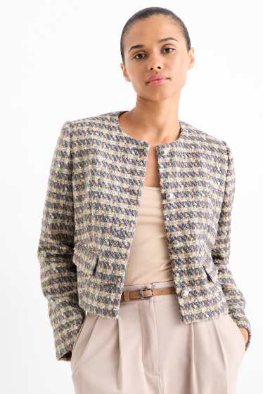 Femei - Blazer din bouclé - relaxed fit - aspect lucios - în carouri - albastru / bej