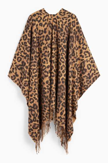 Femei - Poncho cu franjuri - imprimeu de leopard - negru / nej