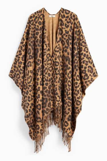 Femei - Poncho cu franjuri - imprimeu de leopard - negru / nej