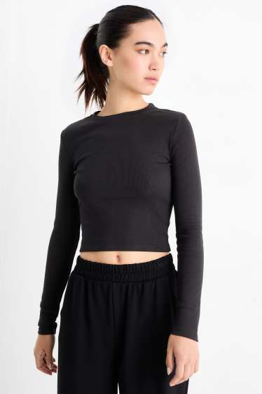 Femei - Tricou crop cu mânecă lungă - reiat - negru