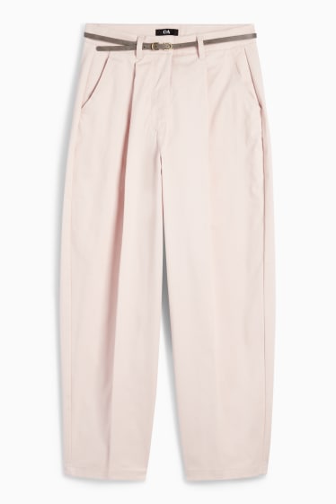 Femei - Pantaloni de stofă cu curea - talie înaltă - barrel leg - roz deschis