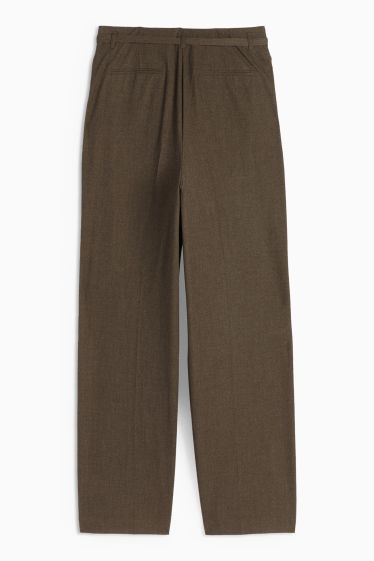 Dámské - Plátěné kalhoty s páskem - high waist - wide leg - hnědá