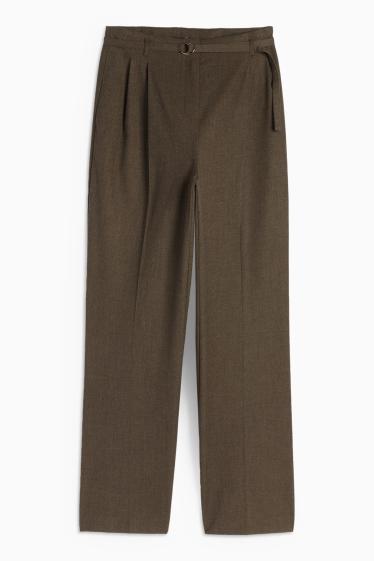 Dámské - Plátěné kalhoty s páskem - high waist - wide leg - hnědá