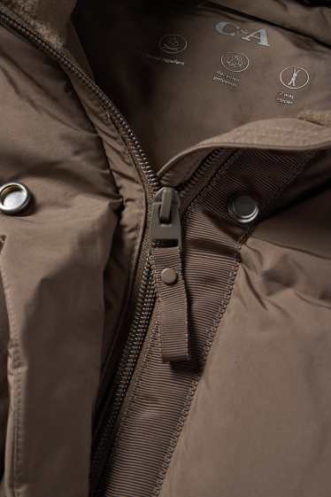 Dámské - Prošívaný kabát s kapucí - z vodoodpudivého materiálu - hnědá