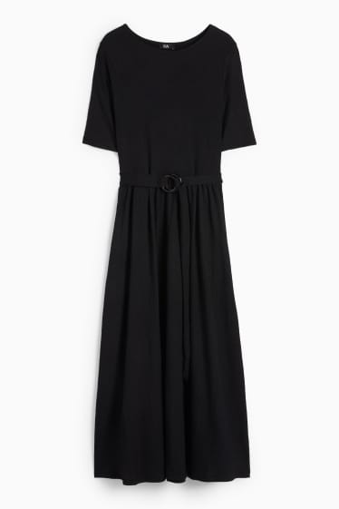 Dámské - Šaty fit & flare s páskem - strukturované - černá