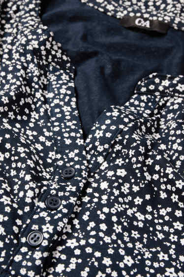 Femei - Tricou cu decolteu în V - cu flori - albastru închis