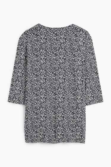 Femei - Tricou cu decolteu în V - cu flori - albastru închis
