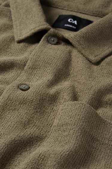 Men - Knitted shirt - loose fit - lapel collar - ribbed - green