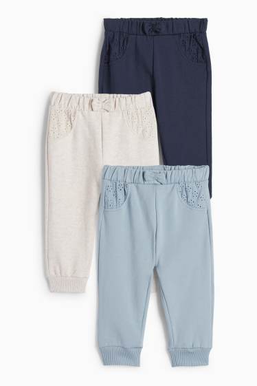 Bebeluși - fete - Multipack 3 perechi - pantaloni de trening bebeluși - broderie englezească - albastru / bej