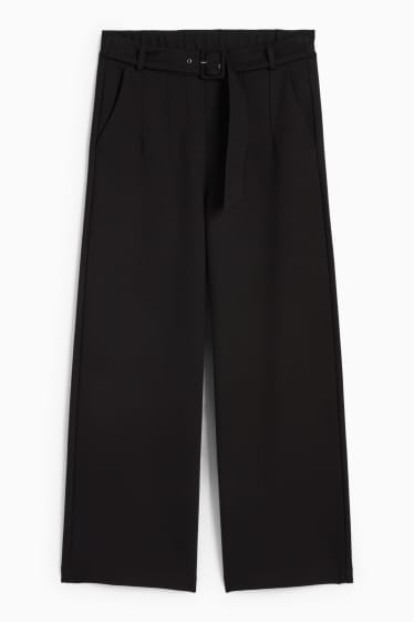 Femei - Pantaloni din jerseu cu curea - talie înaltă - wide leg - negru