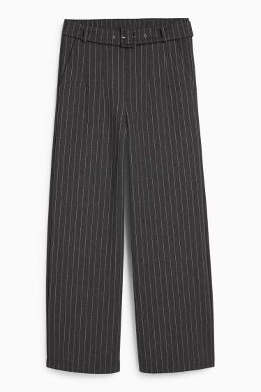 Women - Jersey trousers with belt - high-rise waist - wide leg - dark gray