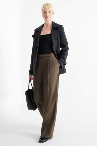Dámské - Plátěné kalhoty s páskem - high waist - wide leg - hnědá
