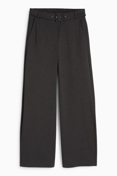 Women - Jersey trousers with belt - high-rise waist - wide leg - dark gray