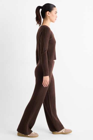 Women - Knitted trousers - low-rise waist - ribbed - dark brown