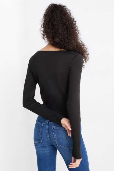 Femei - Tricou crop cu mânecă lungă - reiat - negru
