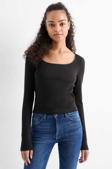 Femei - Tricou crop cu mânecă lungă - reiat - negru