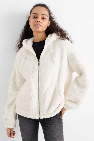 Women - Faux fur jacket with hood - white