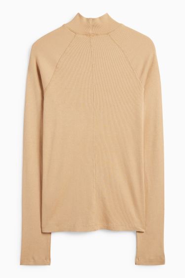 Women - Long sleeve top - slim fit - ribbed - light beige