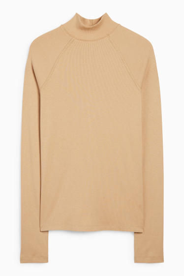 Women - Long sleeve top - slim fit - ribbed - light beige