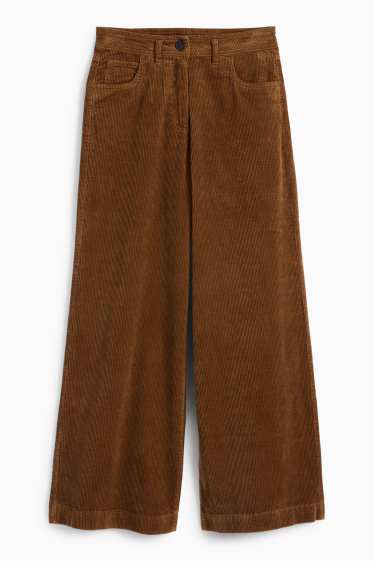 Dámské - Manšestrové kalhoty - mid waist - wide leg - LYCRA® - hnědá